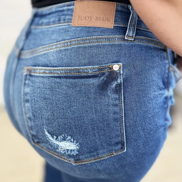 Mid-Rise Distressed Torn Mom Jeans Straight Leg Raw Hem Denim Pants Judy Blue