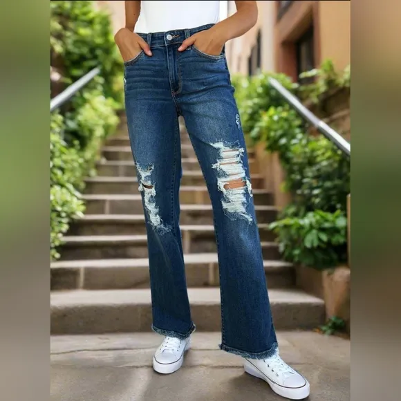 Mid-Rise Distressed Torn Mom Jeans Straight Leg Raw Hem Denim Pants Judy Blue