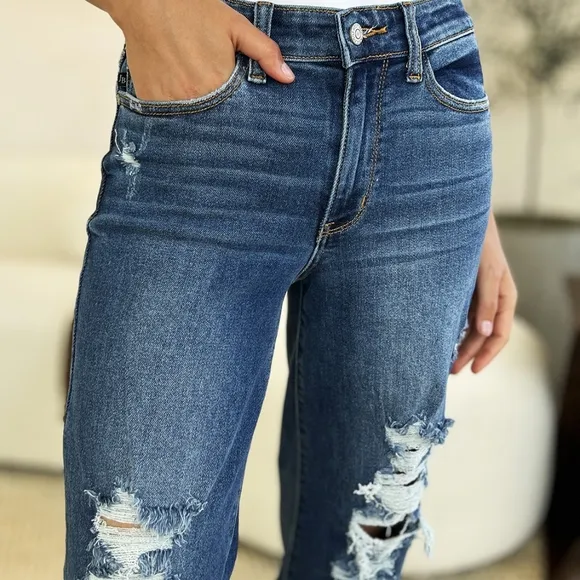 Mid-Rise Distressed Torn Mom Jeans Straight Leg Raw Hem Denim Pants Judy Blue