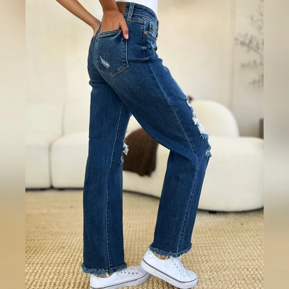 Mid-Rise Distressed Torn Mom Jeans Straight Leg Raw Hem Denim Pants Judy Blue