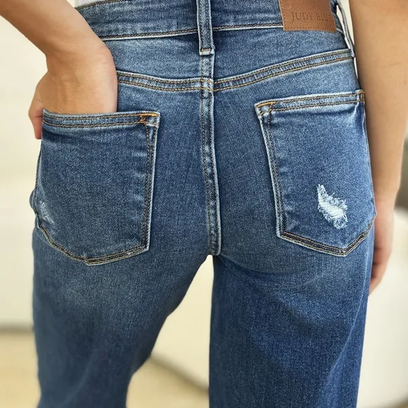 Mid-Rise Distressed Torn Mom Jeans Straight Leg Raw Hem Denim Pants Judy Blue