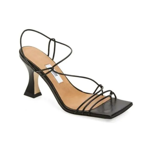 MIISTA Womens Black Strappy Sally Square Toe Flare Slip On Leather Sandals 37