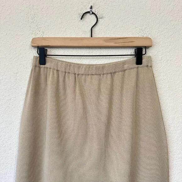 MING WANG Knit Skirt Sand Beige Elastic Waist Minimalist Preppy 90s