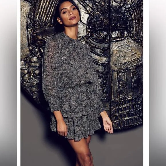 misa los angeles camila black metallic paisley printed smocked ruffle mini dress