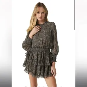 misa los angeles camila black metallic paisley printed smocked ruffle mini dress