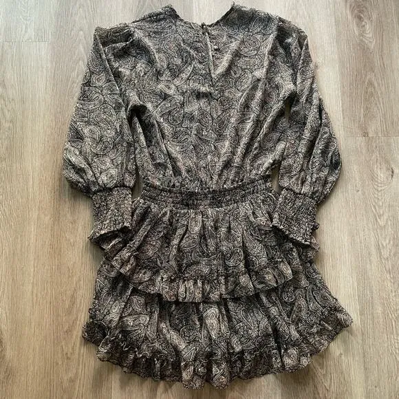 misa los angeles camila black metallic paisley printed smocked ruffle mini dress