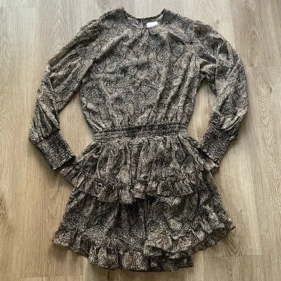 misa los angeles camila black metallic paisley printed smocked ruffle mini dress