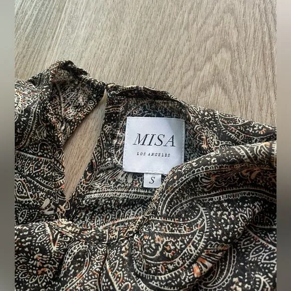 misa los angeles camila black metallic paisley printed smocked ruffle mini dress