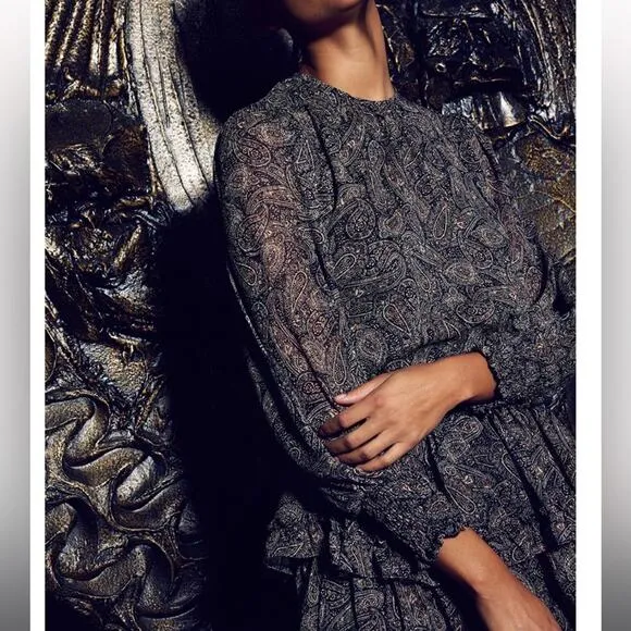misa los angeles camila black metallic paisley printed smocked ruffle mini dress