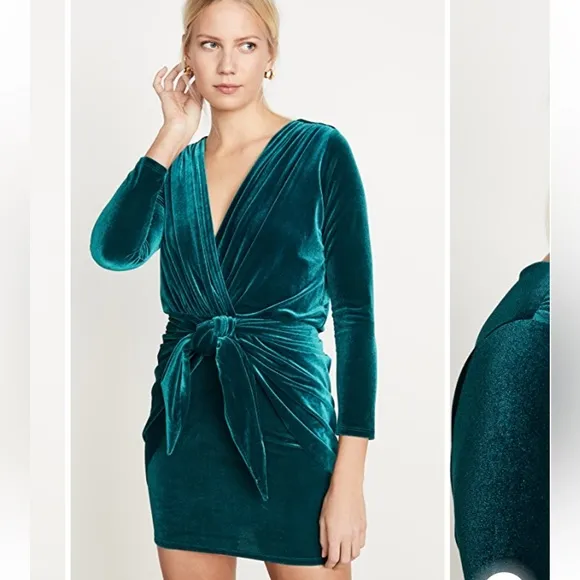 misa los angeles ophelie green velvet draped knot front mini holiday party dress