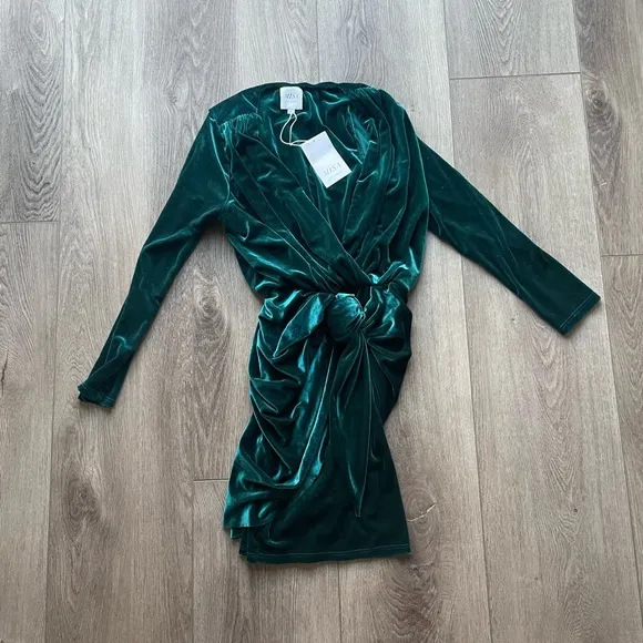 misa los angeles ophelie green velvet draped knot front mini holiday party dress