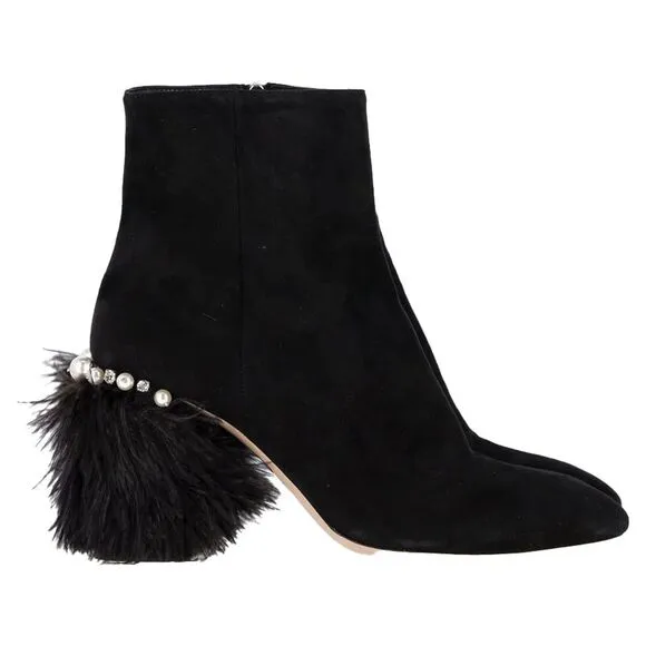 Miu Miu Feather Pear-Embellished Ankle Boots in Black Suede