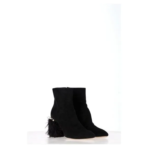 Miu Miu Feather Pear-Embellished Ankle Boots in Black Suede