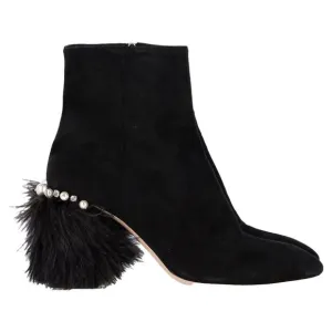 Miu Miu Feather Pear-Embellished Ankle Boots in Black Suede