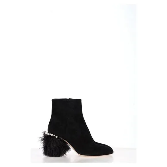 Miu Miu Feather Pear-Embellished Ankle Boots in Black Suede