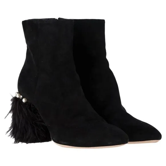 Miu Miu Feather Pear-Embellished Ankle Boots in Black Suede
