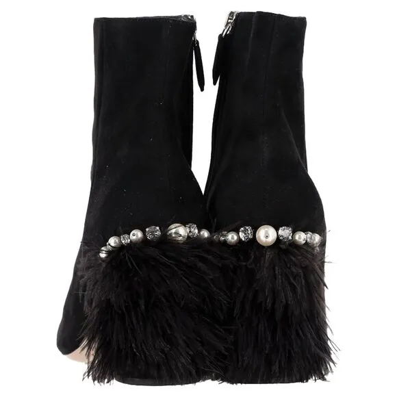 Miu Miu Feather Pear-Embellished Ankle Boots in Black Suede