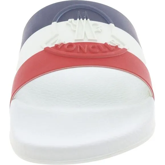 Moncler Womens White Faux Leather Striped Slip On Slide Sandals New