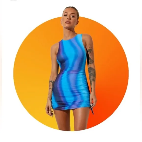 Motel Rocks Dollskill Ardilla Bodycon Dress in Solarized Blue Print Sz XS