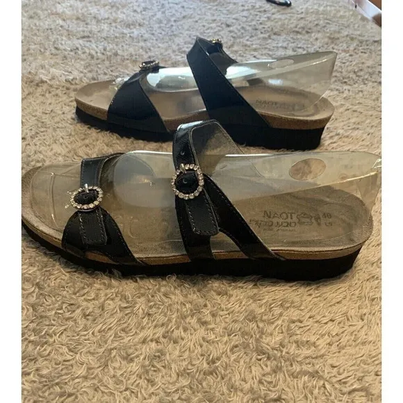 Naot Black Leather Kate Rhinestone Slip-On Sandals Shoes Womens Size 9 40