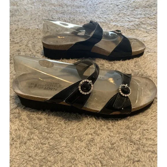 Naot Black Leather Kate Rhinestone Slip-On Sandals Shoes Womens Size 9 40
