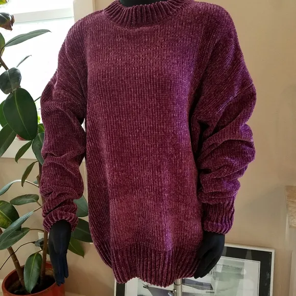 Natalie Chenille Knit Sweater Oversized Boyfriend Fit Long Sleeve Wine Size Med