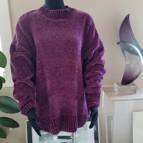 Natalie Chenille Knit Sweater Oversized Boyfriend Fit Long Sleeve Wine Size Med