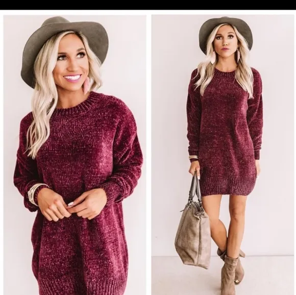 Natalie Chenille Knit Sweater Oversized Boyfriend Fit Long Sleeve Wine Size Med