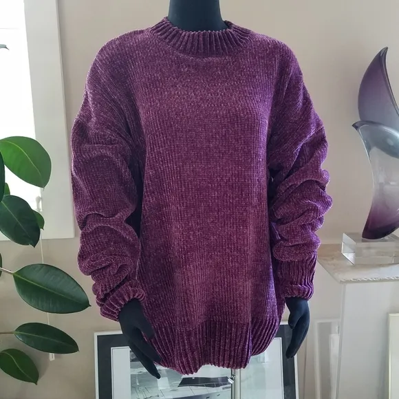 Natalie Chenille Knit Sweater Oversized Boyfriend Fit Long Sleeve Wine Size Med
