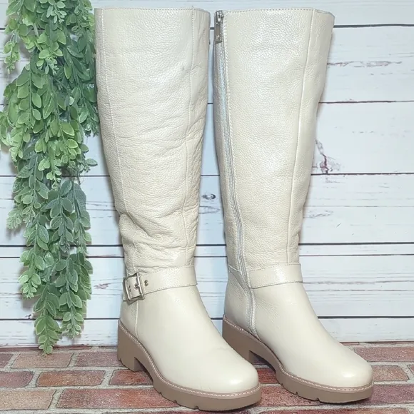 Naturalizer Darry Tall Leather Water Repel Boots Porcelain Cream Wide Calf 8.5