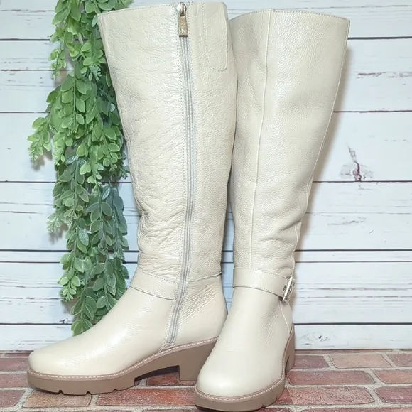 Naturalizer Darry Tall Leather Water Repel Boots Porcelain Cream Wide Calf 8.5