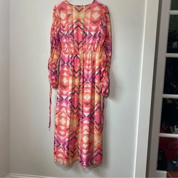 Never Fully Dressed Geometric MIDI Pink and Orange DRESS