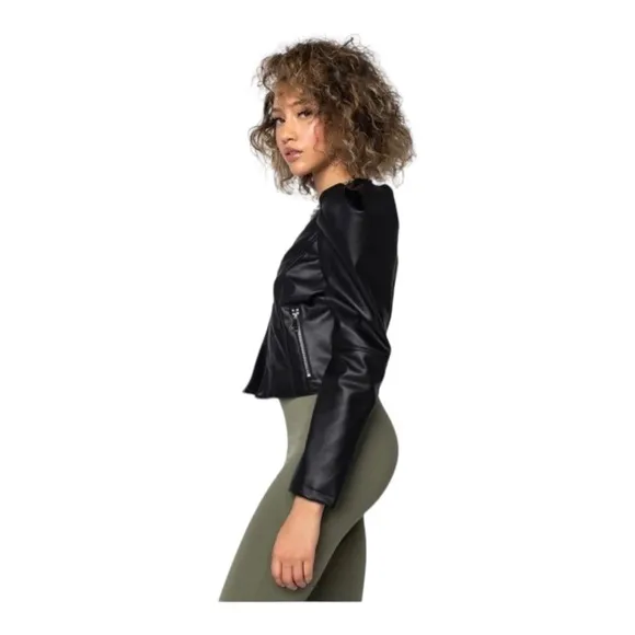 NEW AZALEA WANG Brown Puff Sleeve Faux Leather Moto Blazer 1X