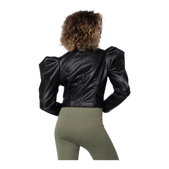 NEW AZALEA WANG Brown Puff Sleeve Faux Leather Moto Blazer 1X