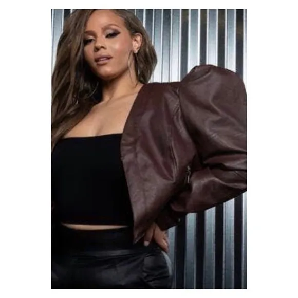 NEW AZALEA WANG Brown Puff Sleeve Faux Leather Moto Blazer 1X