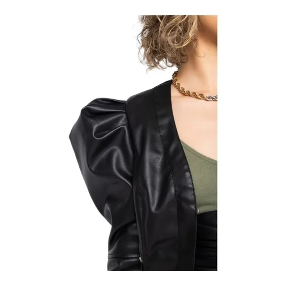 NEW AZALEA WANG Brown Puff Sleeve Faux Leather Moto Blazer 1X