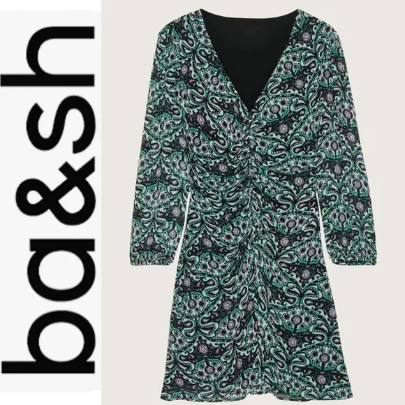 NEW BA&amp;SH Fanny Ruched Green Print Mini Dress L