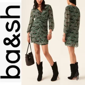 NEW BA&amp;SH Fanny Ruched Green Print Mini Dress L