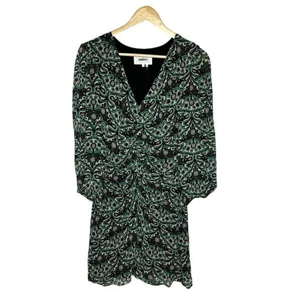 NEW BA&amp;SH Fanny Ruched Green Print Mini Dress L