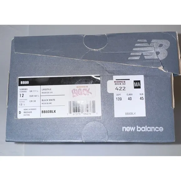New Balance BB80 Black w/ White Logo Sneakers Mens 12 Lifestyle Casual Shoes NIB