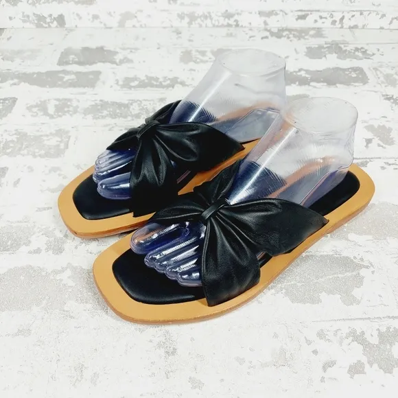 New Crevo Leather Black Bow Kitty Slip On Sandals F244
