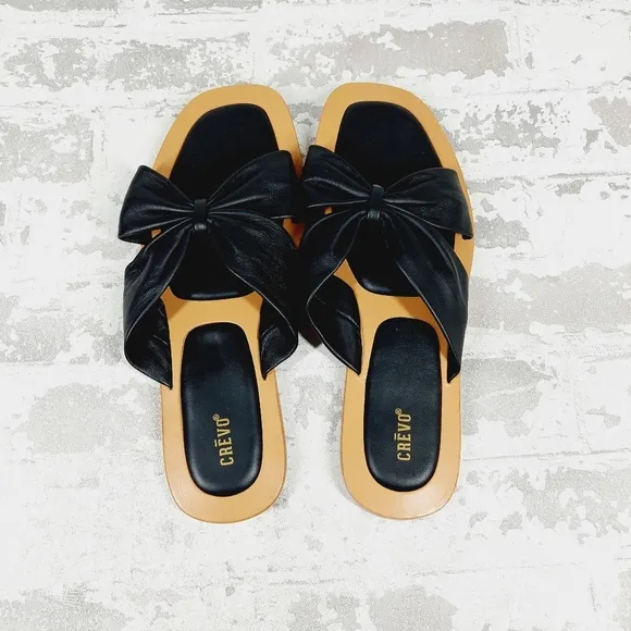 New Crevo Leather Black Bow Kitty Slip On Sandals F244