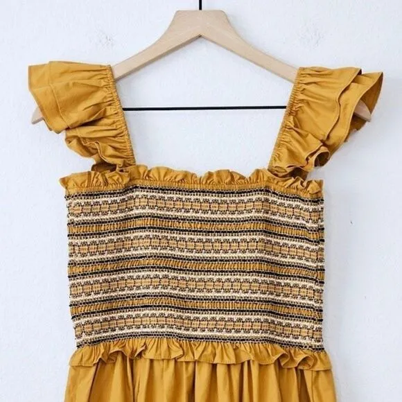 New! En Saison Penelope Marigold Bohemian Smocked Ruffle Midi Dress