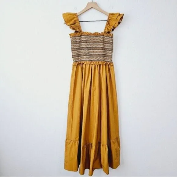 New! En Saison Penelope Marigold Bohemian Smocked Ruffle Midi Dress