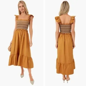 New! En Saison Penelope Marigold Bohemian Smocked Ruffle Midi Dress