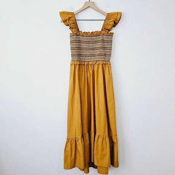 New! En Saison Penelope Marigold Bohemian Smocked Ruffle Midi Dress