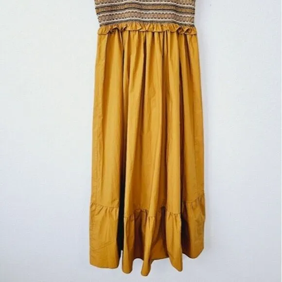 New! En Saison Penelope Marigold Bohemian Smocked Ruffle Midi Dress