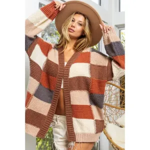 NEW FALL 24 Mocha Brown Combo Checker Block Knit Cardigan Sweater