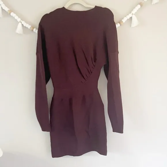 NEW Ganni Mini Sweater Dress Women's Size Small Maroon Ribbed Knit Long Sleeve