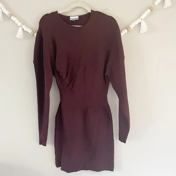 NEW Ganni Mini Sweater Dress Women's Size Small Maroon Ribbed Knit Long Sleeve